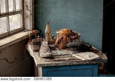 Teddy Bear Or Cheburashka In Ursery School In Abandoned Pripyat City In Chernobyl Exclusion Zone, Uk
