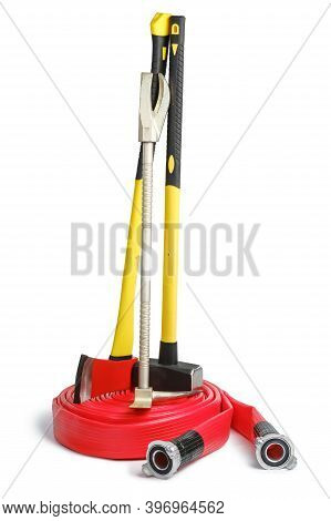 Large Yellow Sledgehammer, Axe, Hooligan Pinch-bar On Red Fire Hose From Firemans Toolbox Isolated O