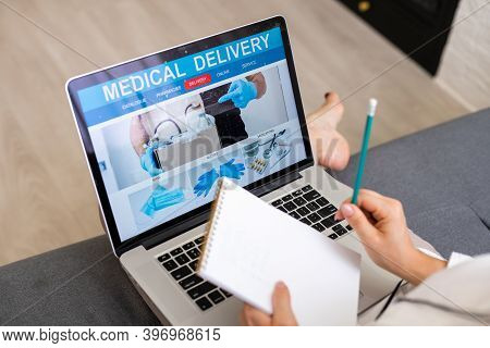 Woman Choosing Medication Online Pharmac. Purchase Of Drugs And Medicine Online.