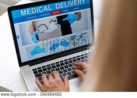 Woman Choosing Medication Online Pharmac. Purchase Of Drugs And Medicine Online.