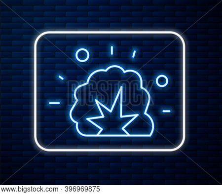 Glowing Neon Line Bomb Explosion With Shrapnel And Fireball Icon Isolated On Brick Wall Background. 