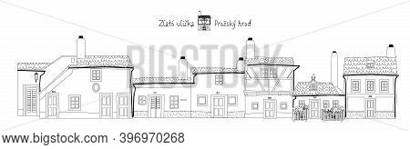 Golden Lane (zlatá Ulička) With Colorful Houses In Prague Castle, Czech Republic. Coloring Page. Vec