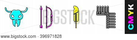 Set Buffalo Skull, Bow And Arrow In Quiver, Feather Pen And Indian Headdress With Feathers Icon. Vec