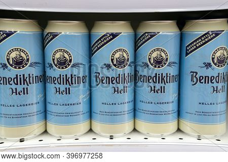 Tyumen, Russia-november 20, 2020: Benediktiner Hell Beer In Aluminum Cans. Selective Focus