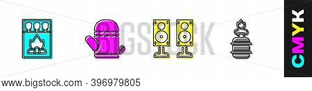 Set Matchbox And Matches, Oven Glove, Stereo Speaker And Camping Gas Stove Icon. Vector