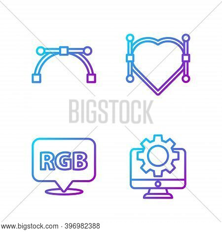 Set Line Computer Monitor And Gear, Speech Bubble With Rgb And Cmyk, Bezier Curve And Heart With Bez