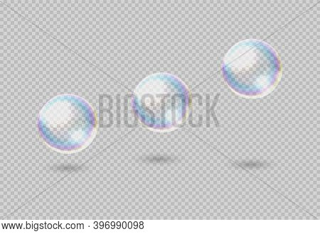 Soap Bubble. Realistic Rainbow Clear Shampoo Ball With Color Reflection. 3d Rising Or Soaring Glossy