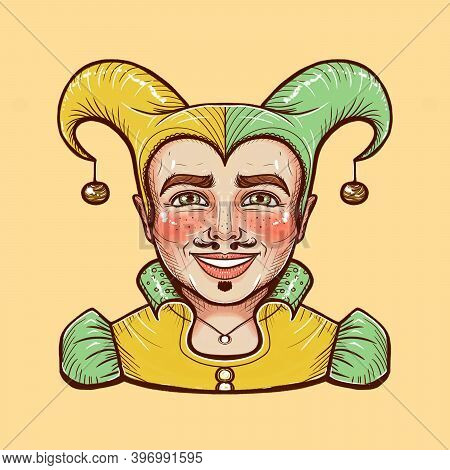 Drawn Cartoon Clown In A Yellow And Green Hat With Bells. Medieval Jester, Joker.
