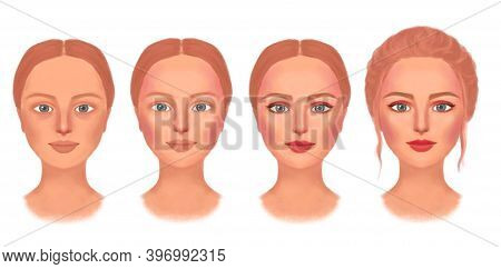 Drawn Portrait Of A Girl In Four Stages Of Makeup, Hairstyle. Before Makeup, Contouring, Eye Shadow,