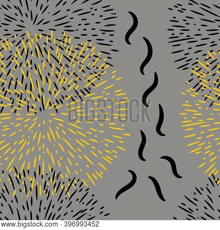 Seamless Pattern From Blackand Yellow Fluffy Circles On A Gray Background. Illustration Floral Abstr