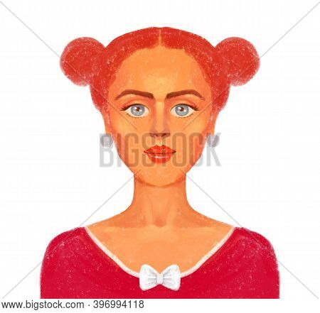 Drawing Portrait Of A Girl With Red Hair Braided In A Bun. Textured Drawing In Vintage Style.