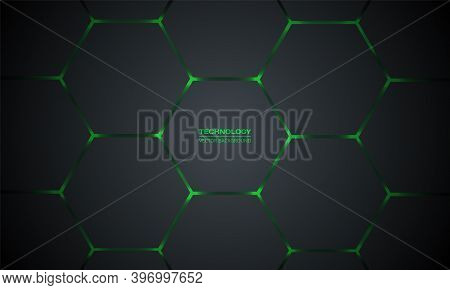 Dark Gray And Green Hexagonal Technology Vector Abstract Background. Green Bright Energy Flashes Und