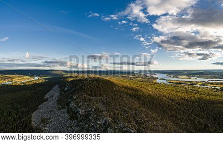Panoramic Landscape View From The Air Of The Aavasaksa Mountain In Northern Finland In Autumn