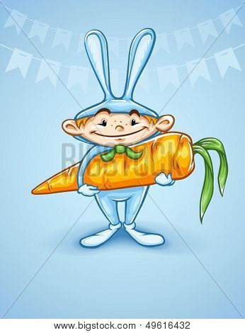 Happy little kid boy in rabbits costume with big carrot in his hands - EPS10 vector illustration