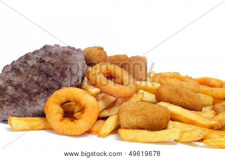 spanish fattening food: burgers, croquettes, calamares and french fries, on a white background