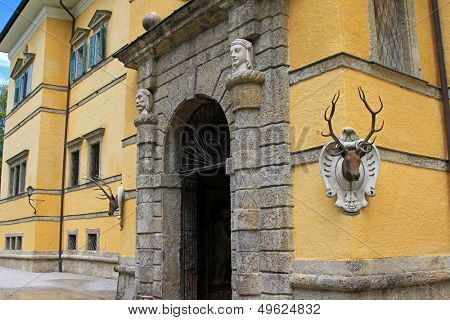 SALZBURG, AUSTRIA - AUGUST 2012 : Tricky fountain hiding in a deer's antlers at Schloss Hellbrunn, a Waterpark at the Summer Palace on August 14, 2012 in Salzburg, Austria.