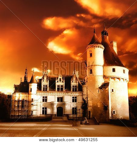 sundown on Chenonseau castle- artistic toned picture