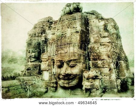 ancient Cambodian temple Bayon - artwork in retro style