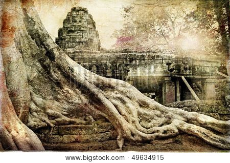 ancient trees of ancient temple - artwork in retro style