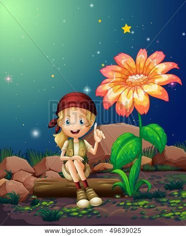 Illustration of a young girl sitting above a log near the giant flower