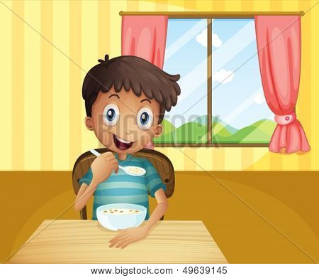Illustration of a boy eating cereals inside the house