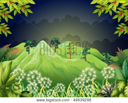 Illustration of the high mountains at the dark forest