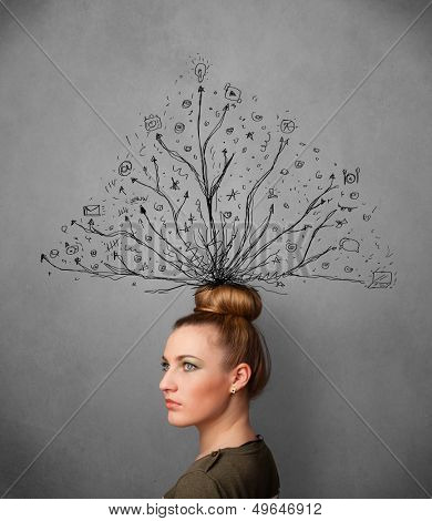 Pretty young woman thinking with tangled lines coming out of her head