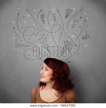 Pretty young woman deciding with sketched arrows over her head