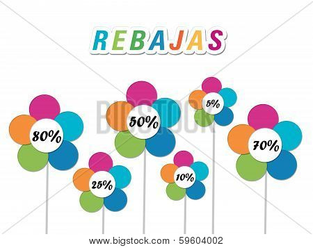 Colorful labels and flowers with discounts