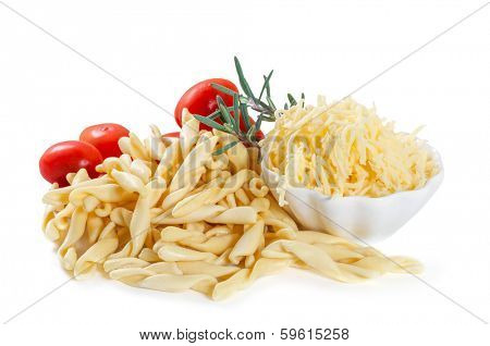 Strozzapreti with tomatoes on white background 