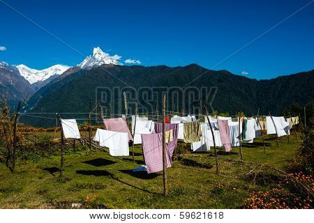 Laundry drying with the Machapuchre in the background, Nepal