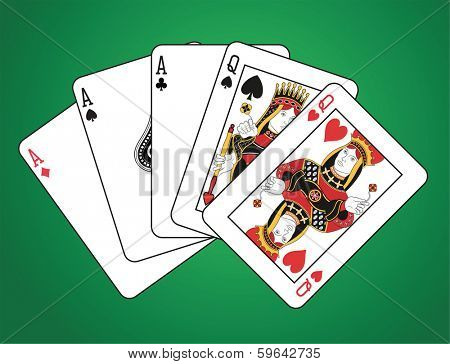 Full house of three aces and two queens on green background.  The figures are original design. 