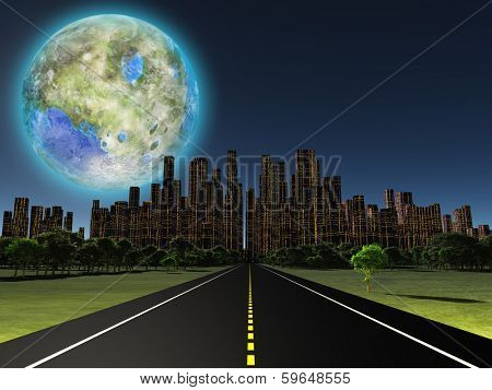 Terraformed moon as seen from highway on future earth