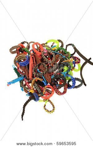 Genuine Para shoot Cord Survival Bracelets. Survival Bracelets AKA Wrist Bands are perfect for any hunter, camper, Dooms Day Expert and more. Isolated on white with room for your text.  