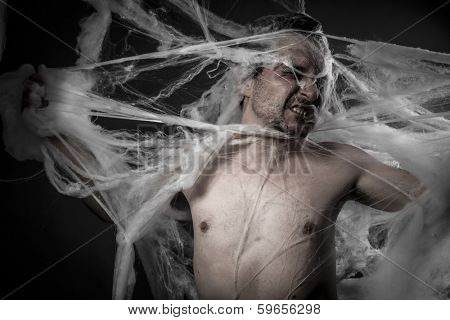 network. man tangled in huge white spider web