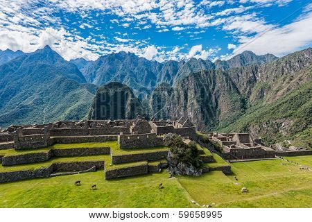 Industrial zone and Main Square Machu Picchu, Incas ruins in the peruvian Andes at Cuzco Peru