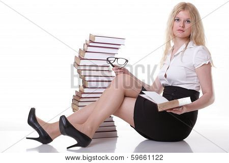 Beautiful Young Woman With Books White Background