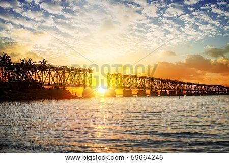 Colorful Sunset Or Sunrise With Broken Bridge