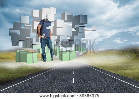 Light bulb student on abstract screen against 3d plane taking off over street