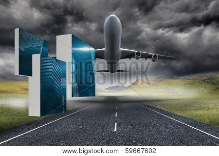 Digital city on abstract screen against 3d plane taking off over street