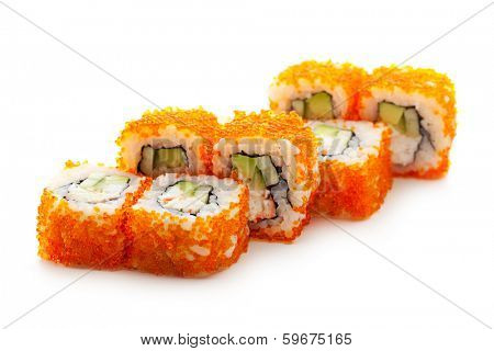 California Maki Sushi with Masago  - Roll made of Crab Meat, Avocado, Cucumber inside. Masago (smelt roe) outside