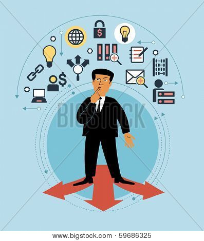 Cartoon man with multiple arrow paths and business icons. The concept of choice business strategy. Which path to take. Person standing on  arrows.
