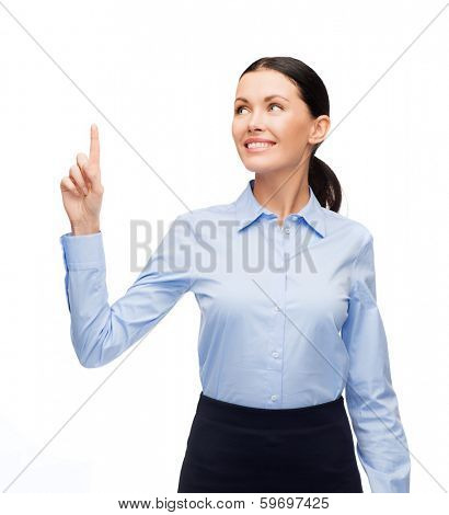 business and new technology concept - attractive young woman with her finger up