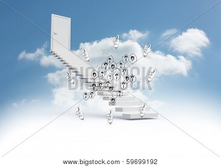 Light bulb and community doodle against steps leading to closed door in the sky
