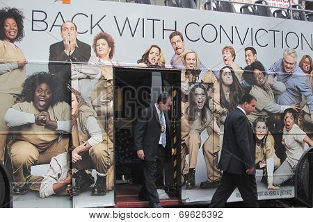 Investigators leaving damaged bus