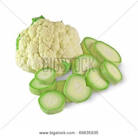 Cauliflower and vegetable marrows on a white background