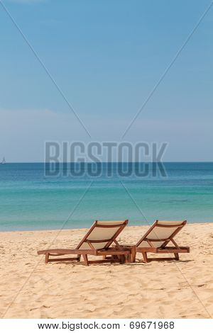 Sunbeds on Freedom beach Koh Phuket in Thailand