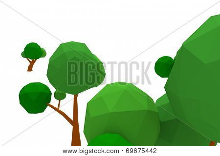  three-dimensional low-poly trees, isolated on white background