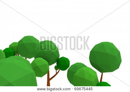  three-dimensional low-poly trees, isolated on white background