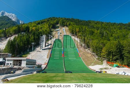 PLANICA, SLOVENIA-AUGUST 21: Ski jumping hills under construction for world champion competition, Sl